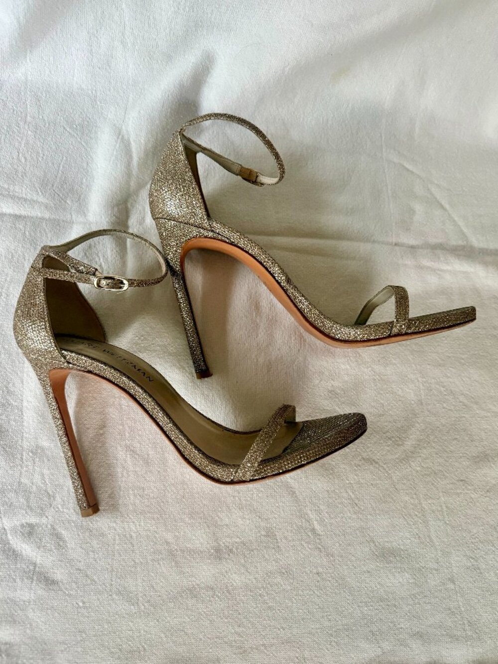 Stuart Weitzman Nudist Platinum Noir Glitter Sandals 8.5 | 4.5" | Box